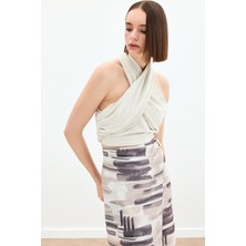 Halter Yaka Keten Crop Bluz - Bej