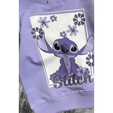 Stitch Baskılı Kız Çocuk Uzun Kollu Iki Iplik Şardonlu Lila Sweatshirt