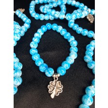 Mavi Mermer Desenli Boncuklu Dört Yapraklı Yonca Bileklik