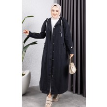 Kadın Cepli Düğmeli Kapüşonlu Denim Kot Trençkot