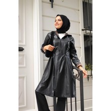 Harman Butik Kadın Kapüşonlu Deri Kısa Trençkot Siyah Trenç Yaka Rahat Tasarım