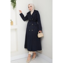 Kadın Düğmeli Kuşaklı Lacivert Trençkot