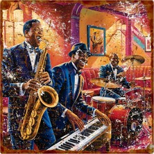 Jazz Temalı Müzisyenler Uv Baskılı Alüminyum Dekoratif Tabela – Vintage Tarz Duvar Levhası – Müzik Konseptli Metal Levha