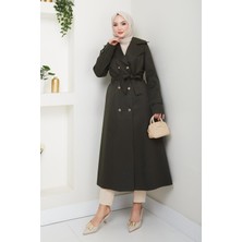 Kadın Düğmeli Kuşaklı Haki Trençkot