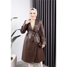 Kadın Deri Cepli Kuşaklı Trençkot