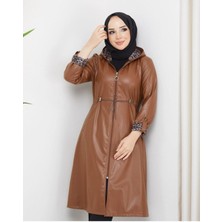 Kadın Deri Kapüşonlu Trençkot