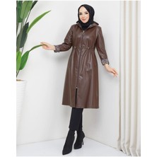 Kadın Deri Kapüşonlu Trençkot