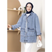 Harman Butik Kadın Cepli Taş Detaylı Kot Ceket Normal Yaka Mavi Dokuma Kumaş Özellikleri ile Şık