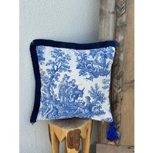 Toile De Jouy Kırlent Kılıfı Mavi