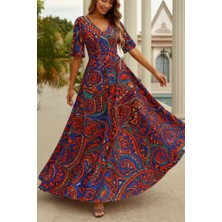 Kadın Çiçek Desenli V Yaka Süprem Kumaş Elbise