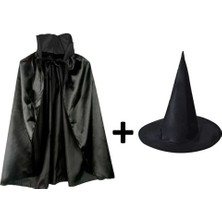 Siyah Yakalı Pelerin ve Siyah Cadı Şapkası Seti Çocuk Boy