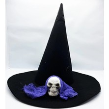 Siyah Renk Mavi Duvaklı Kuru Kafa Temalı Cadı Şapkası 35X38 cm