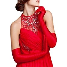 Kırmızı Saten Gece Eldiveni