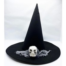 Siyah Renk Gri Duvaklı Kuru Kafa Temalı Cadı Şapkası 35X38 cm