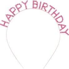 Pembe Kristal Taşlı Gold Happy Birthday Taçı
