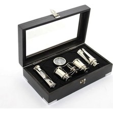 Ahşap Kutulu Pirinç Dürbün Pusula ve Kum Saati Seti