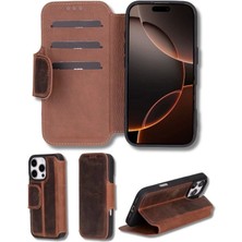 Apple iPhone 16 Pro Uyumlu, Hakiki Deri, El Yapımı, Cüzdanlı Kılıf, Antik Kahve
