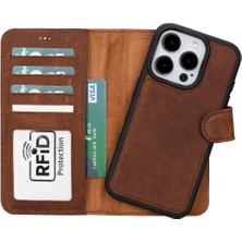 Apple iPhone 15 Pro Uyumlu Deri Cüzdanlı Kılıf Mwwn G2 Kahve