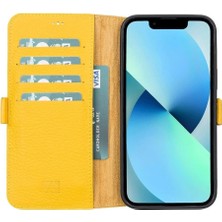 Apple iPhone 13 Pro Max Uyumlu Deri Cüzdanlı Kılıf Limon Sarı
