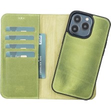 Apple iPhone 13 Pro Uyumlu Deri Cüzdanlı Kılıf Antik Yeşil