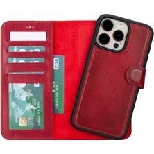 Apple iPhone 15 Pro Max Uyumlu Deri Cüzdanlı Kılıf Mwwn V4EF Kırmızı