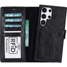 Samsung Galaxy S24 Ultra Uyumlu, Deri Cüzdanlı Kılıf, Parlak Siyah