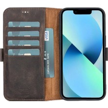 Apple iPhone 13 Uyumlu Deri Cüzdanlı Kılıf Acı Kahve