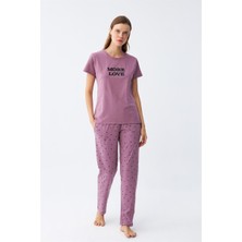 Moda Serdem  Kadın Mor Yıldız Desenli Penye Kısa Kol Pijama Takımı