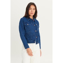 %100 Pamuk Regular Fit Normal Kesim Desenli Mavi Denim Jean Ceket