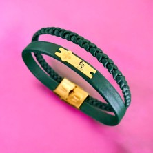 Archin Atatürk Temalı Doğal Yeşil Derili Çiçek Figürlü 14 Ayar Altın Plakalı Hediye Bileklik-452SEMBOL