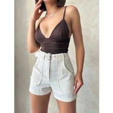 Kemer Detaylı Gabardin Şort Krem S25289