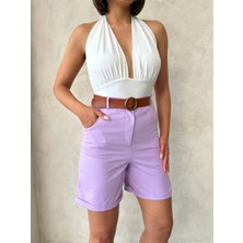 Kemerli Gabardin Şort Lila S25735