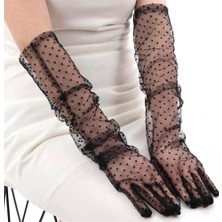 Uzun Siyah Puantiyeli Yetişkin Tül Eldiven