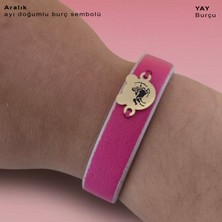 Archin Yay Burçlarına Özel Pembe Derili Ayıcık Motifli 14 Ayar Altın Plakalı Hediye Bileklik-458BURÇ