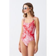 Moda Serdem  Kadın Kırmızı Tropikal Desenli Aksesuar Askılı Tek Parça Mayo