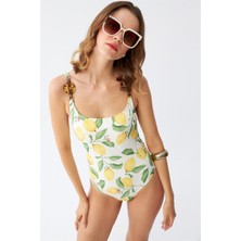 Moda Serdem  Kadın Limon Desenli Aksesuar Askılı Tek Parça Mayo – Ekru