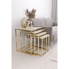 Duru 4'lü Kare Zigon Sehpa Seti Gold Ayak, Traverten Mdf