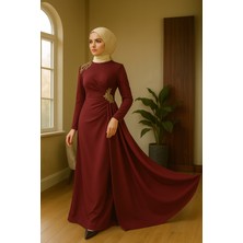 Tesettür Kuyruklu Gold Aplikli Abiye Elbise