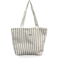 Çizgili Pamuklu Plaj Çantası 001 Bej