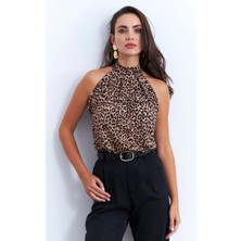 Kadın Camel-Siyah Halter Yaka Leopardesenli Bluz LPP1273