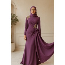 Tesettür Kuyruklu Gold Aplikli Abiye Elbise