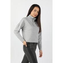 Kadın Yarım Balıkçı Yarasa Kol Sweatshirt Gri