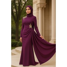 Tesettür Kuyruklu Gold Aplikli Abiye Elbise