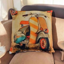 Dijital Baskı Retro Tasarım Motorsiklet Detaylı Pamuklu Kırlent Kılıfı