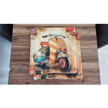 Dijital Baskı Retro Tasarım Motorsiklet Detaylı Pamuklu Kırlent Kılıfı