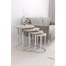 Ceylin 4lü Zigon Sehpa Seti Gümüş Metal Ayak, Traverten Mdf