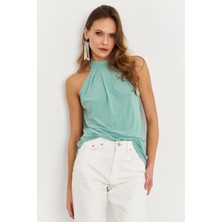 Kadın Çağla Yeşili Halter Yaka Desenli Bluz LPP1273