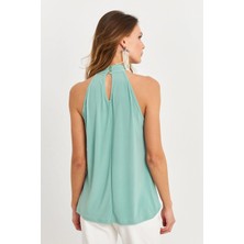 Kadın Çağla Yeşili Halter Yaka Desenli Bluz LPP1273