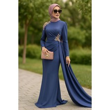 Tesettür Kuyruklu Gold Aplikli Abiye Elbise