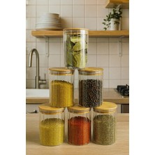 Çizgili Bambu Silikon Kapaklı 6'lı Borosilikat Cam Baharatlık - 250 ml Baharat Takımı